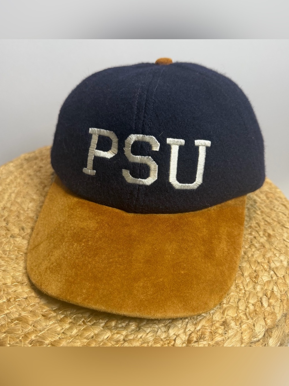 Vintage Penn State Embroidered Two-Tone Cap - Navy Wool and Tan Suede
